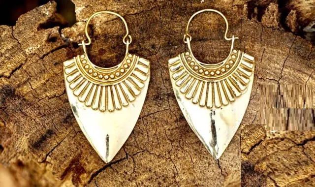 Large Gold Plated Vintage Afghani Brass Hoops Boho Tribal Mandala Earrings Ppe