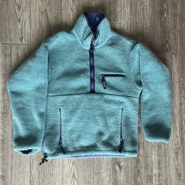 80s-90'S Patagonia Fleece Jacket, Made in USA, Men's Size Medium polyester Emerald green Vintage Second Hand