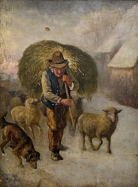 Shepherd Feeding his Sheep in Winter Antique Rural Oil Painting c1850s Unsigned