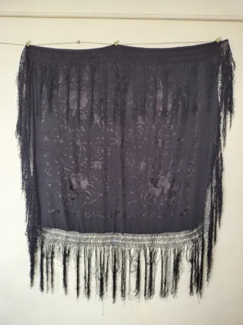 Vintage Silk Shawl Wrap  Piano Scarf  hand embroidery FRINGE black item577