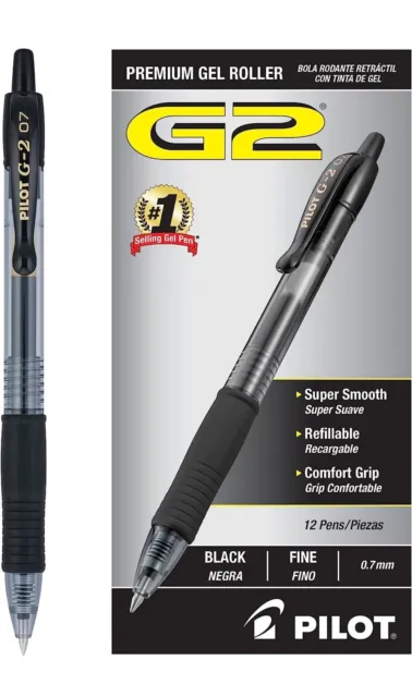 Pilot pens G2 0.7mm Retractable Gel Pens, 12 Pack of Fine Ink Pens (black)