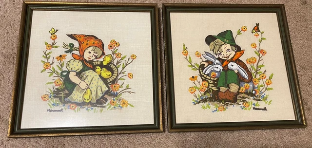 Juego enmarcado de fotos bordadas de crewel de Hummel de colección niña niño