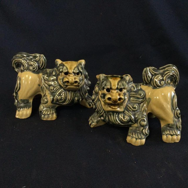 Japanese Okiawa Lion Statue Pair Width 12.8cm Beige Figure Object Collectible