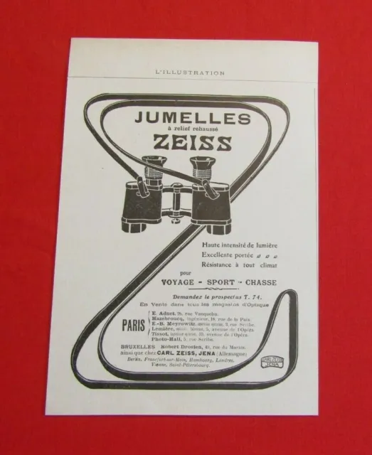 Advertising Pub Publicite Ancienne Advert 8.10 Jumelles A Relief Rehausse Zeiss