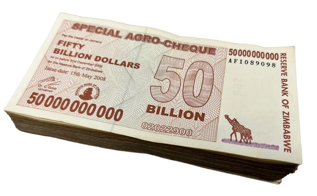50 Billion Zimbabwe AGRO-CHEQUE Bundle of 100 CIRCULATED 2008