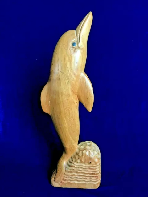 Dolphin Sculpture Statue Hand Carved Wood Ocean Island Decor Art 1980's 42 cm