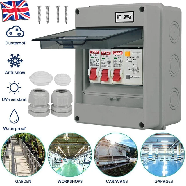 5 WAY GARAGE Shed Camper Van Caravan Consumer Unit Fuse Box with RCD ...