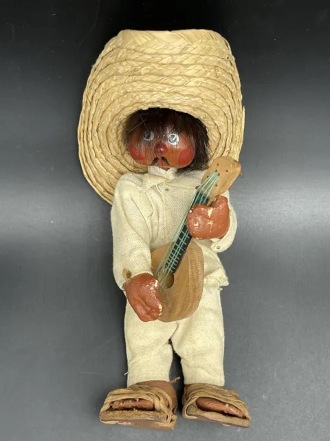 Vintage Mexican Wooden Folk Art  Figurine Playing Guitar , 6" Tall