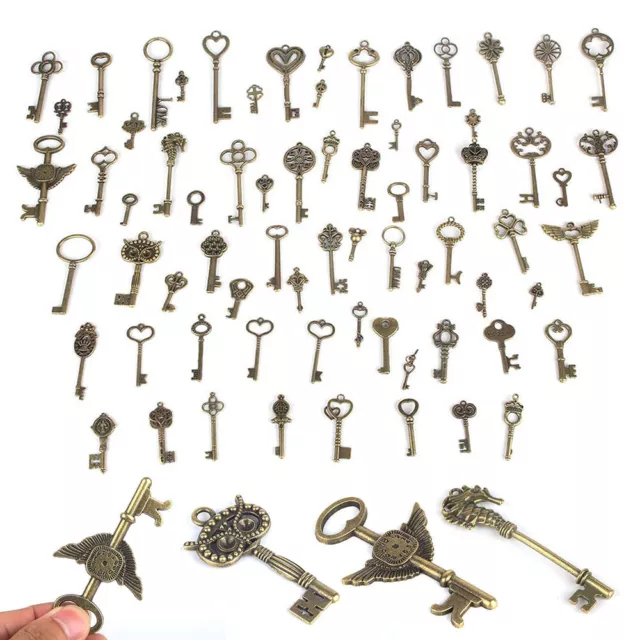 69Pcs Vintage Old Look Ornate Skeleton Keys Fancy Heart Bow Ornate Necklace Deco