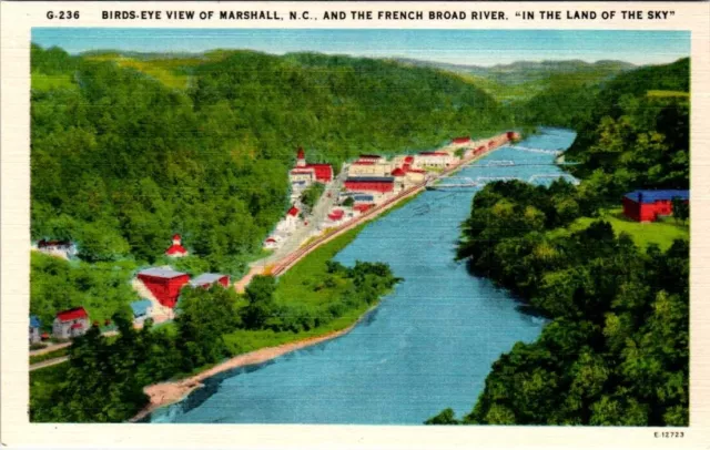 Linen Postcard French Broad River Marshall North Carolina NC UNP Aerial View