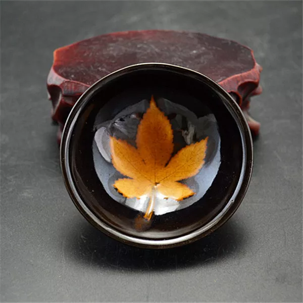 Chinese Porcelain Song Jizhou Kiln Black Glaze Maple Leaves Tea Bowls 3.14 Inch