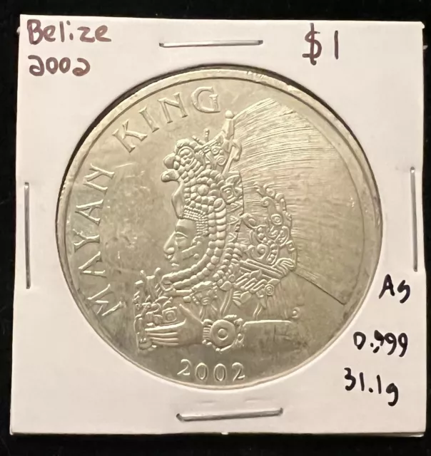 Rare 2002 Belize 1 oz .999 Silver Dollar Mayan King Coin * Air Tite Included