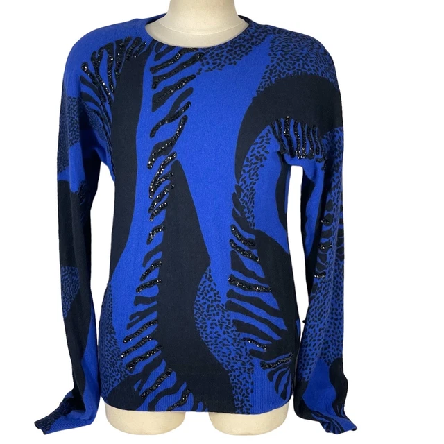 Vintage 80’s Tiano Blue Black Wool Angora Sequin Embellished Sweater Sz M