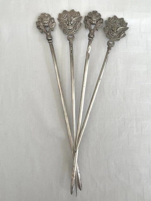 Lot De 3 Anciens Hâtelets / Pics à Brochette - Métal Argenté - Occasion