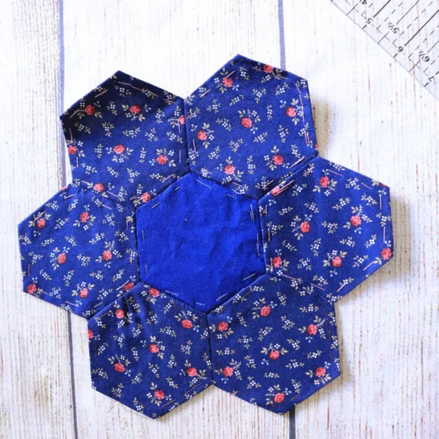 Hexagon Quilting 9" Block ~ blue 60 ~ Hand pieced using vintage fabrics