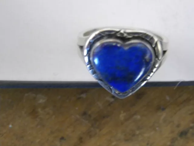 Hand Made Lapis & Sterling Silver Heart Ring Size 6-1/2 Signed "M"