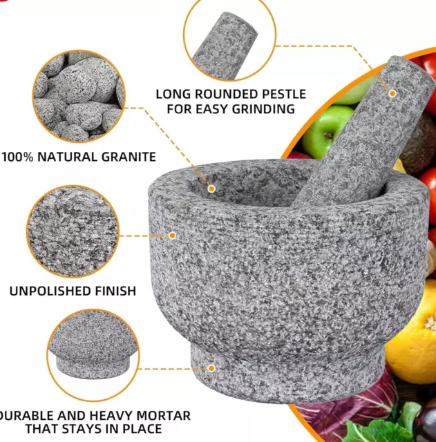 Mortar and Pestle Set, 14 cm Diameter Large Capacity Hard Granite Mortar, Grey