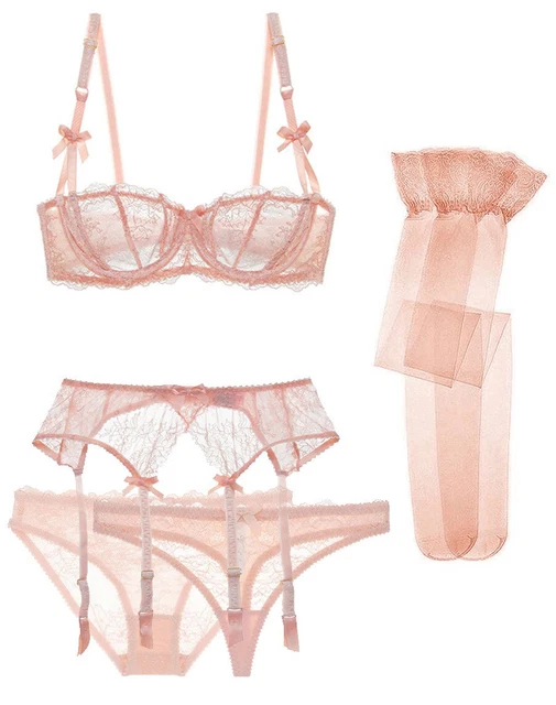 Set Intimo Fine 5pcs Rosa Carne A Pizzo Trasparente, Biancheria Intima Si