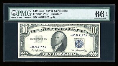 DBR 1953 $10 Silver STAR Gem Fr. 1706* PMG 66 EPQ Serial *00547157A