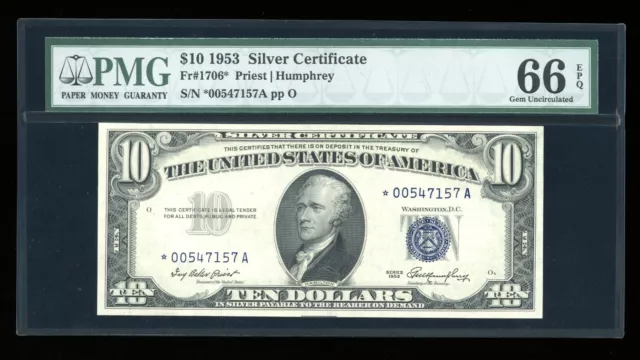 DBR 1953 $10 Silver STAR Gem Fr. 1706* PMG 66 EPQ Serial *00547157A