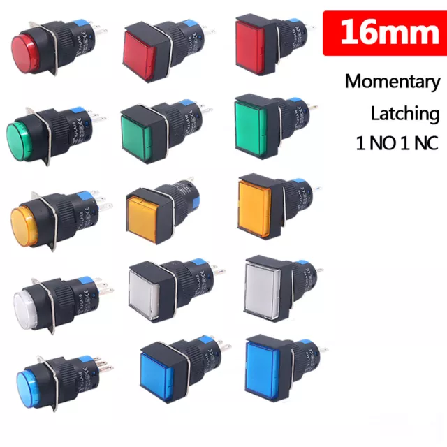 16mm Illuminated Push Button Switch Latching Momentary 5A 250V 1 NO 1 NC ON/OFF