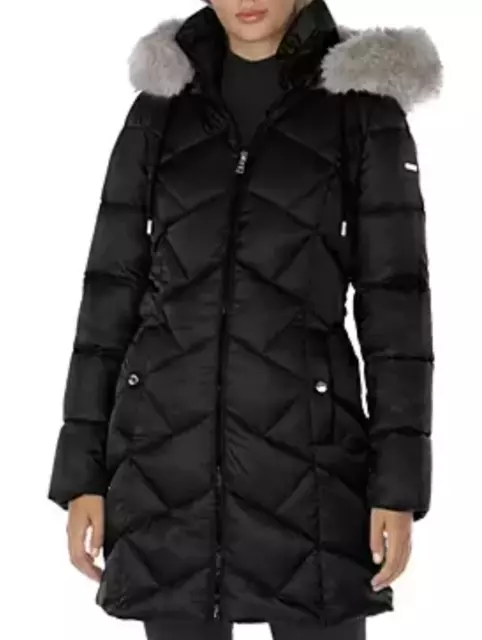 Laundry By Shelli Segal Black Hooded Faux Fur Trim Puffer Coat B5419 Size Small 3