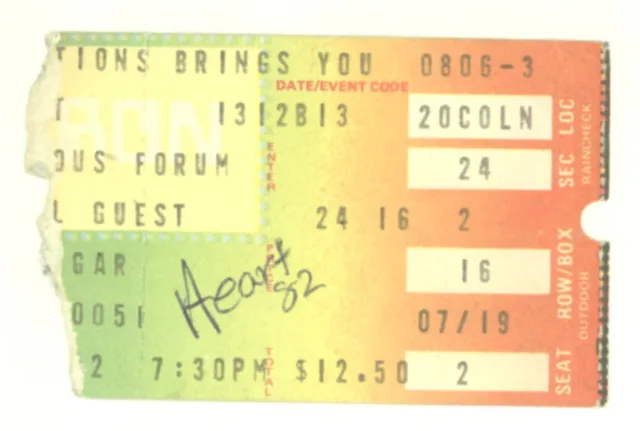 Heart John Cougar Mellencamp 8/6/82 Inglewood Forum Ticket Stub Los Angeles