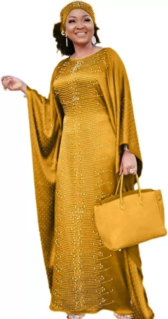 HD African Dresses for Women Fashion Beading Rhinestone Kaftan Maxi Dress