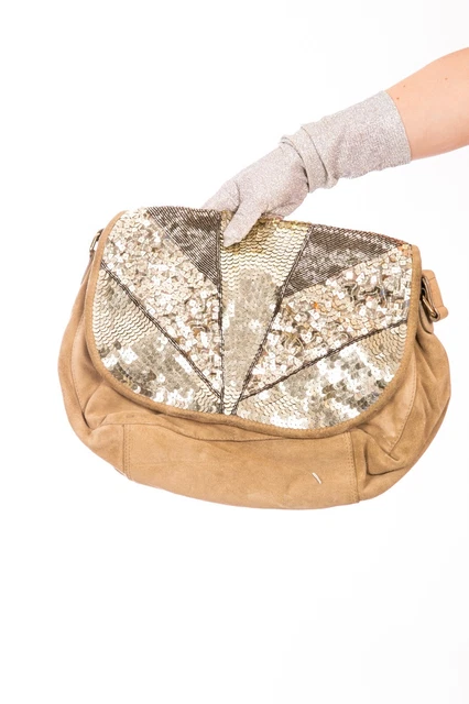 Borsa a tracolla vintage anni '90 00 Y2k marrone chiaro pelle scamosciata e paillettes