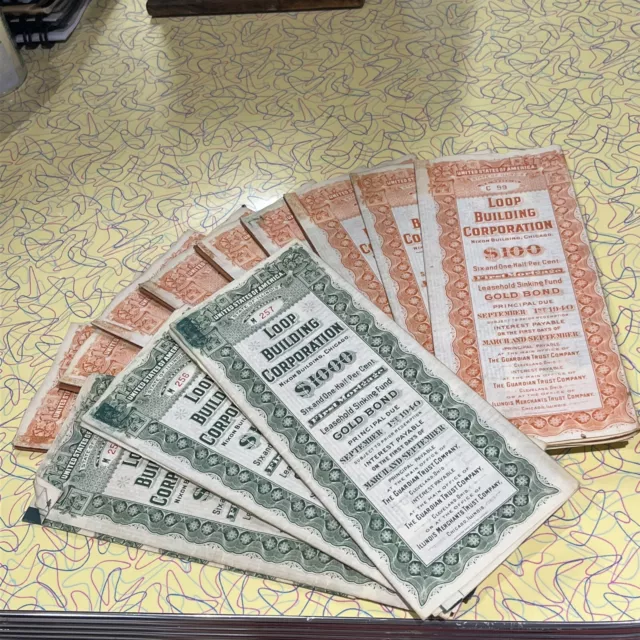 Lot of 12 1940 Loop Building Corporation Stock Certificates and Bonds