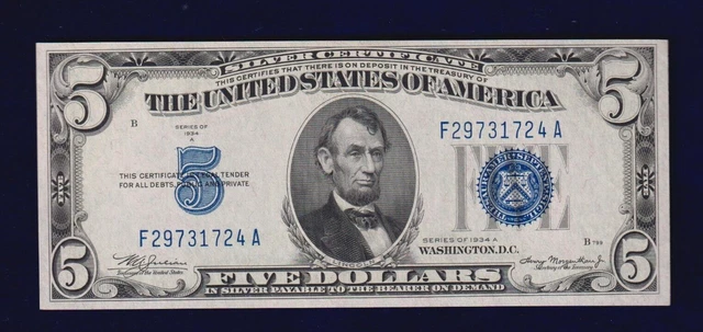 CU 1934A Five Dollar Silver Certificate Blue Seal Note US $5 Bill
