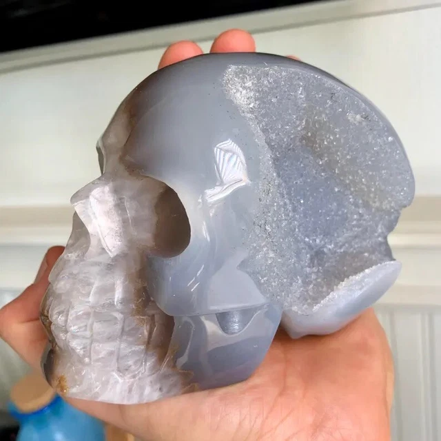 2.15lb XL Hand Carved Agate & Quartz Crystal Geode Skull Carving