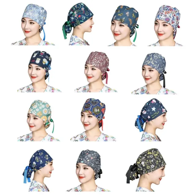 Floral Print Working Bouffant Cap with Buttons Sweatband Ribbon Tie Scrub Hat
