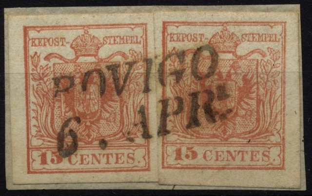 LOMBARDEI-VENETIEN 1850 2*15C, RANDDRUCK links! ROVIGO. Schönes Stück!
