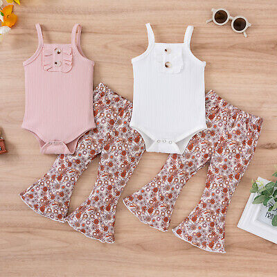 Newborn Baby Girl Flare Pants Set Sleeveless Romper Vest Tops Floral Outfit Set
