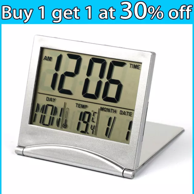 Digital LCD Folding Desktop Travel Alarm Clock Calendar Temperature Snooze Clock