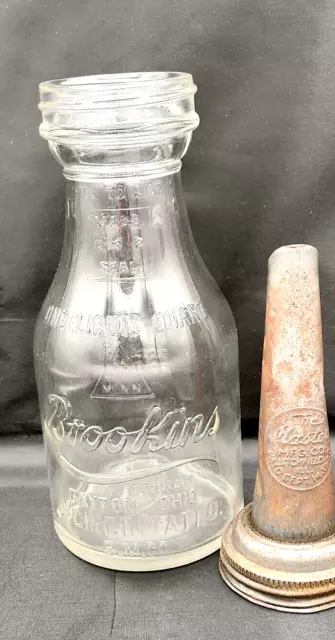 Vintage BROOKINS (Cincinnati Ball Crank Co.) 1-Quart Glass Oil Bottle w/Spout