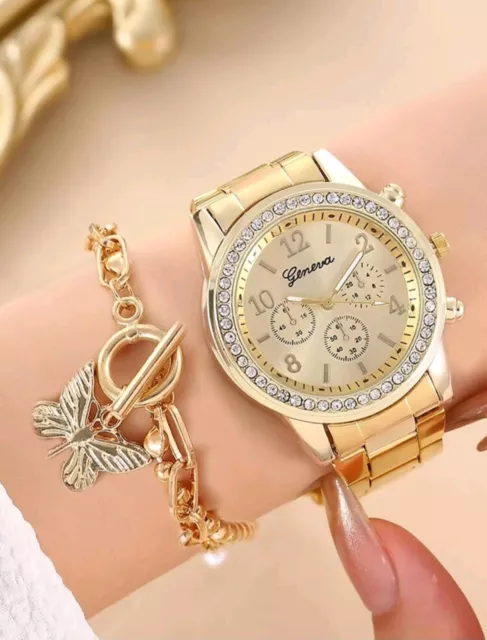 Armbanduhr Modeschmuck set Uhren Damen Frauen Mädchen Golden Strass Geschenk