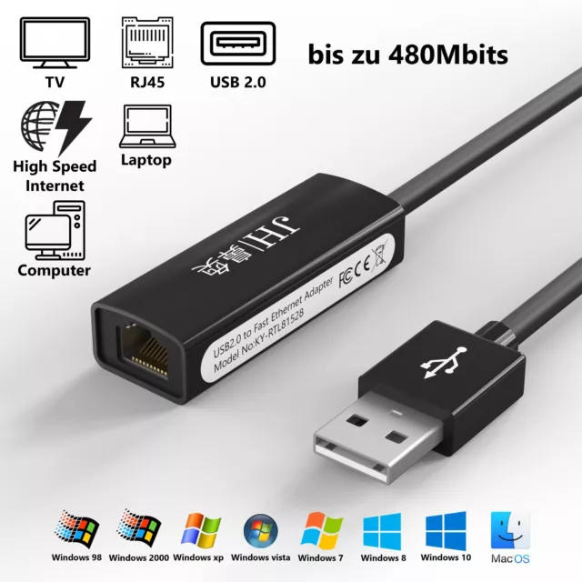 Lan Adapter USB Netzwerk Adapter USB 2.0 Ethernet USB zu RJ45 DSL 10/100 Mbps