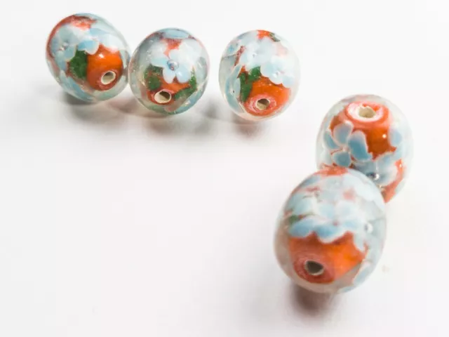 5 spektakuläre Lampwork Perlen 16 x 16 MM rot orange blau, Blüten (140/3) 3