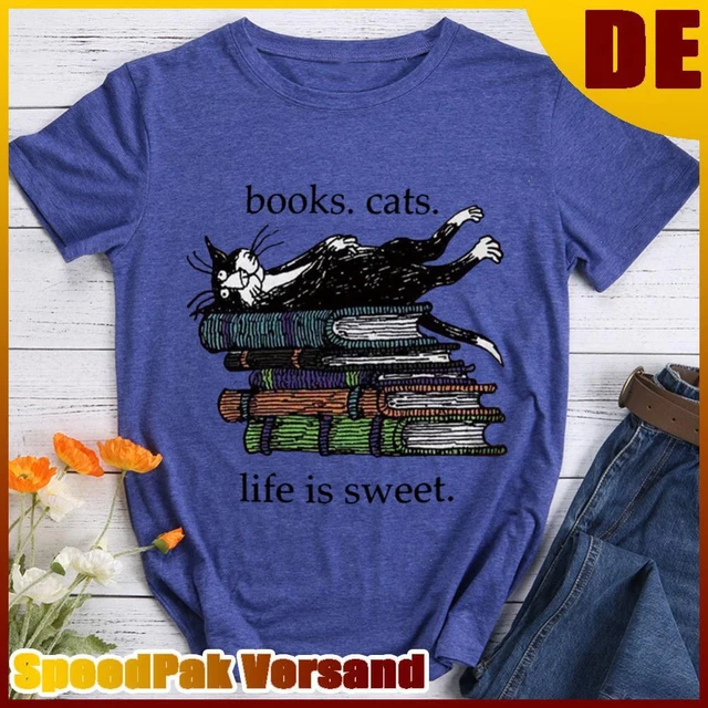 ❥ Maglietta libri gatti life is sweet - blu retrò-XXL