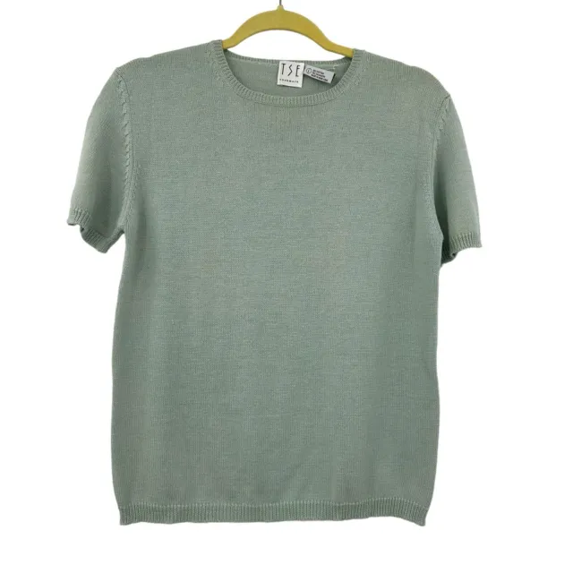 TSE Green Knit Cashmere Silk Short Sleeve Sweater Size L Quiet Luxury beautiful