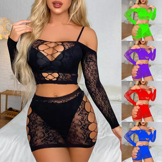 Donna Lingerie Set Sexy Rete Full Body Calze Babydoll Abbigliamento da Nott ^