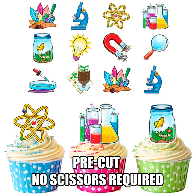 PRECUT SCIENCE PARTY Themed Edible Cupcake Toppers Birthday Cake
