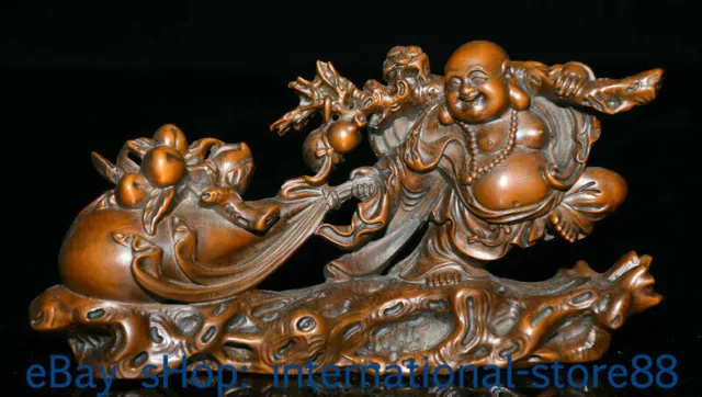 6.8" Old China Boxwood Hand-carved Feng Shui Happy Laugh Maitreya Buddha Statue