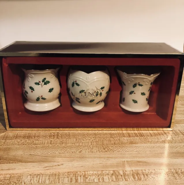 LENOX Holiday Votives Set of 3 Holly Berries Porcelain Christmas Candle