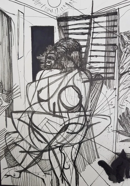Dessin Original Signé Gerardo GOMEZ – Scène De Genre Pop Art – Encre Sur Papier 23x30,5cm
