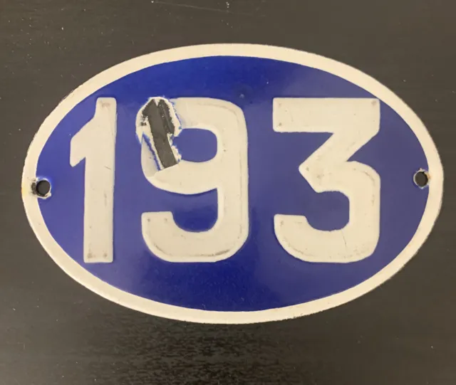 Old blue oval French house number 193 door plate plaque enamel sign Original