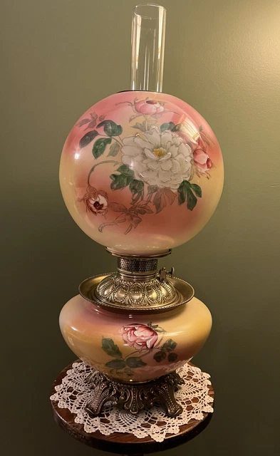 Consolidated Kerosene Gwtw Parlor Lamp W/Ball Shade Globe  Floral Wild Rose