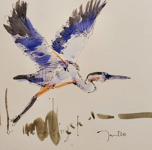 JOSE TRUJILLO Watercolor Painting IMPRESSIONISM Collectible ORIGINAL Crane Bird